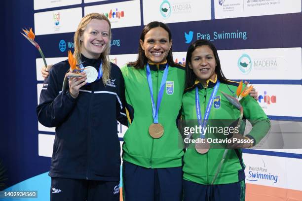 Silver medallist Hannah Russell of Great Britain, gold medallist Maria Carolina Gomes Santiago of Brazil and bronze medallist Lucilene Da Silva Sousa...
