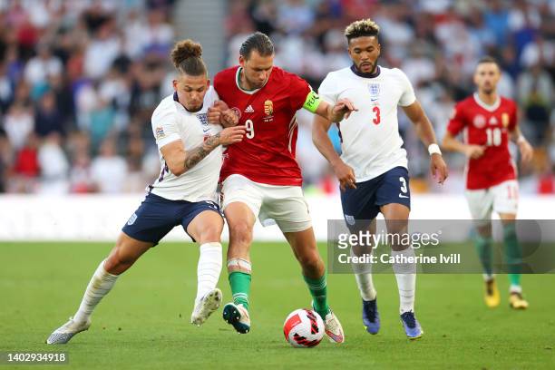 Kalvin Phillips and Reece James of England challenge Adam Szalai of Hungary during the UEFA Nations League - League A Group 3 match between England...