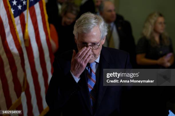 Senate Minority Leader Mitch McConnell speaks at a news conference after a closed-door lunch meeting with Senate Republicans in the U.S. Capitol...