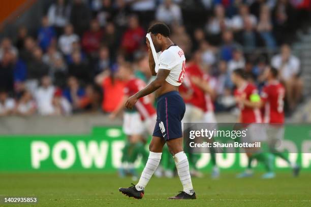 Raheem Sterling of England reacts after Roland Sallai of Hungary scored their sides second goal during the UEFA Nations League - League A Group 3...