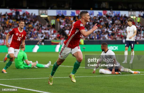 Roland Sallai of Hungary celebrates after scoring their team's second goal during the UEFA Nations League - League A Group 3 match between England...