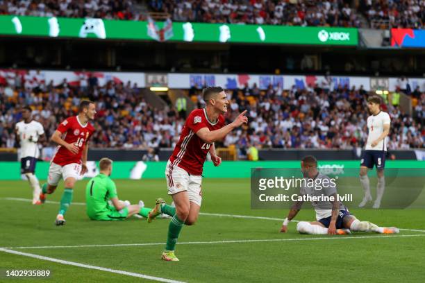 Roland Sallai of Hungary celebrates after scoring their team's second goal during the UEFA Nations League - League A Group 3 match between England...