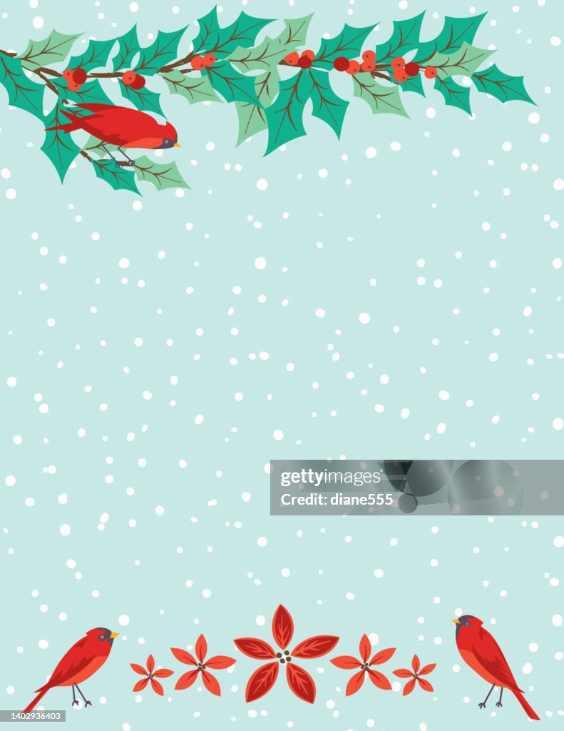 Christmas Background With Holly And Cardinals On A Pastel Snowflake ...