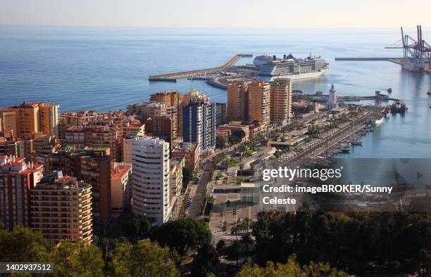 bildbanksillustrationer, clip art samt tecknat material och ikoner med malaga, view from castillo de gibralfaro over part of the city and the harbour, andalucia, spain - malaga