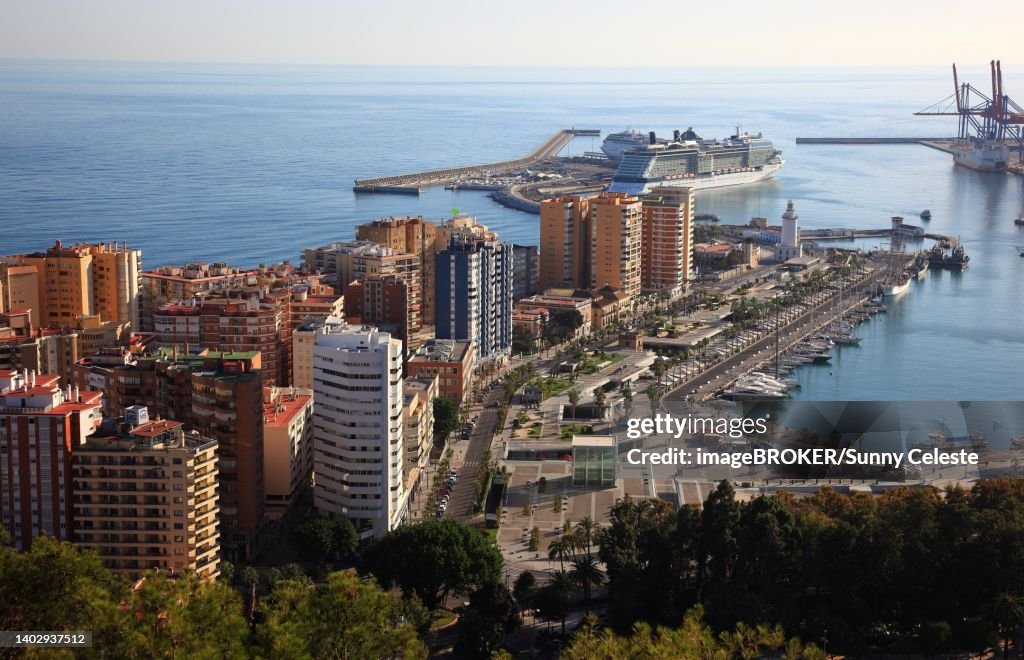 Malaga, view from Castillo de Gibralfaro over part of the city and the harbour, Andalucia, Spain