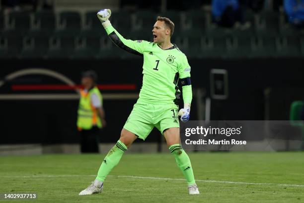 Manuel Neuer of Germany celebrates after Timo Werner of Germany scores their side's fourth goal during the UEFA Nations League - League A Group 3...