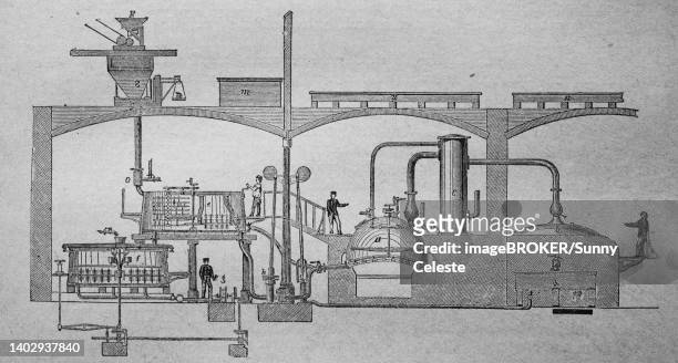 brewery, brewhouse with complete machine operation, around 1876, germany, historic, digitally restored reproduction of a 19th century original, exact date unknown - brewery stock illustrations