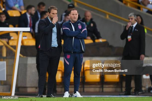 Gareth Southgate and Steve Holland, Assistant Manager of England react after Zsolt Nagy of Hungary scored their sides third goal during the UEFA...