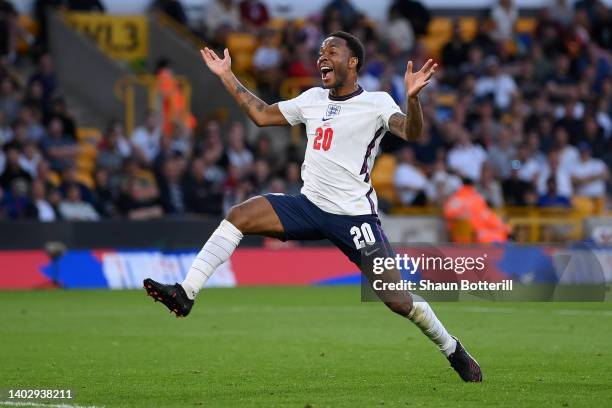 Raheem Sterling of England reacts during the UEFA Nations League - League A Group 3 match between England and Hungary at Molineux on June 14, 2022 in...