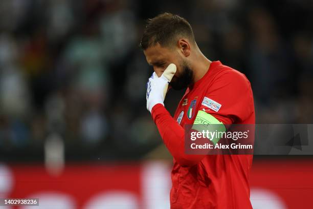 Gianluigi Donnarumma of Italy reacts during the UEFA Nations League - League A Group 3 match between Germany and Italy at Borussia Park Stadium on...