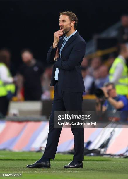 Gareth Southgate, Manager of England reacts Daniel Gazdag of Hungary scored their sides fourth goal during the UEFA Nations League - League A Group 3...