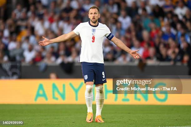 Harry Kane of England reacts after Daniel Gazdag of Hungary scored their sides fourth goal during the UEFA Nations League - League A Group 3 match...