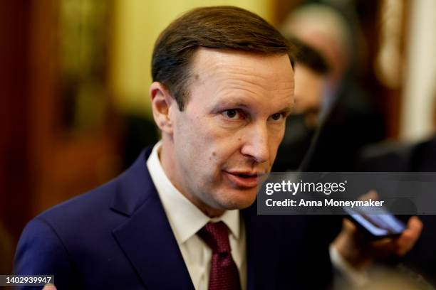 Sen. Chris Murphy speaks with reporters following a news conference after a policy luncheon with Senate Democrats in the U.S. Capitol Building on...