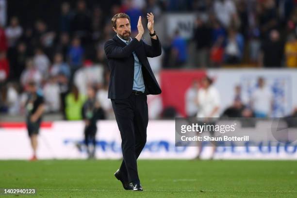 Gareth Southgate, Manager of England applauds the fans after their sides defeat during the UEFA Nations League - League A Group 3 match between...