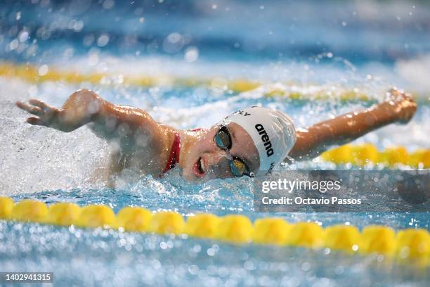 Zsofia Konkoly of Hungary competes in Women's 100m Butterfly S9 Final during Day Three of the 2022 World Para Swimming Championships at Penteada...