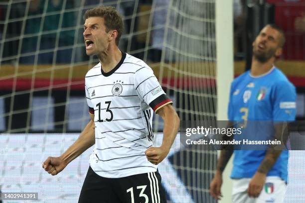 Thomas Müller of Germany celebrates scoring their side's third goal during the UEFA Nations League - League A Group 3 match between Germany and Italy...