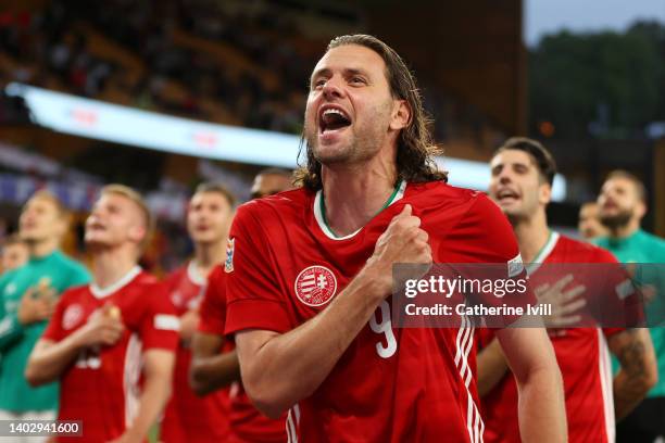 Adam Szalai of Hungary celebrates with the fans after their sides victory during the UEFA Nations League - League A Group 3 match between England and...