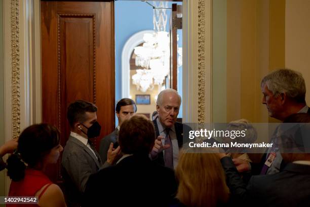 Sen. John Cornyn speaks to reporters as he goes in the office of Senate Minority Whip John Thune at the U.S. Capitol Building on June 14, 2022 in...