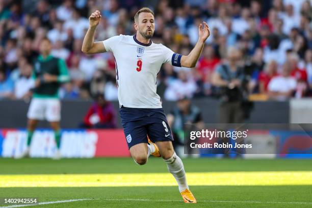 Harry Kane of England during the UEFA Nations League League A Group 3 match between England and Hungary at Molineux on June 14, 2022 in...