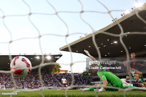 Roland Sallai of Hungary scores their team's second goal past Aaron Ramsdale of England during the UEFA Nations League - League A Group 3 match...