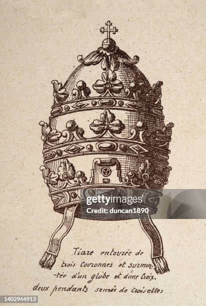 vintage illustration, papal tiara, crown, history art print - vatican city stock illustrations