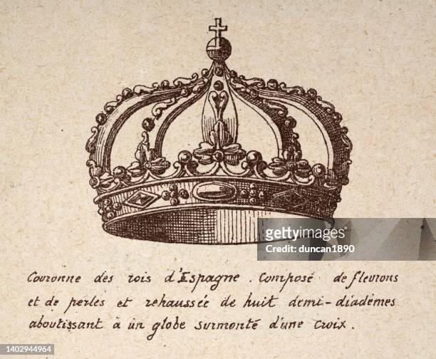 crown of the kings of spain, antique art print, vintage illustration - spanish royalty stock illustrations