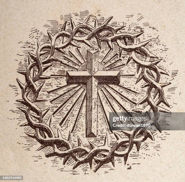 illustrations, cliparts, dessins animés et icônes de croix du christ au centre de la couronne d’épines, histoire iconographie religieuse, symbole du christianisme - croix religieuse