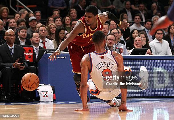 Kyrie Irving of the Cleveland Cavaliers in action against Jared Jeffries of the New York Knicks on February 29, 2012 at Madison Square Garden in New...