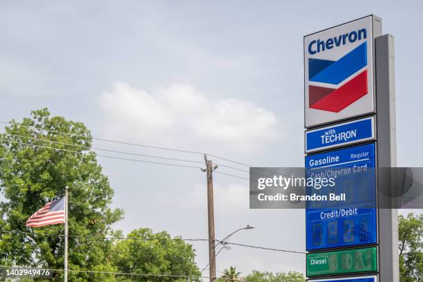 New Chevron gas station sign is seen on June 14, 2022 in Houston, Texas. Chevron has acquired the $3.15 billion Renewable Energy Group , which has 12...