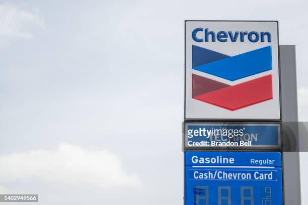 New Chevron gas station sign is seen on June 14, 2022 in Houston, Texas. Chevron has acquired the $3.15 billion Renewable Energy Group , which has 12...