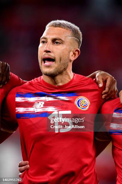 Francisco Calvo of Costa Rica sings the national anthem in the 2022 FIFA World Cup Playoff match between Costa Rica and New Zealand at Ahmad Bin Ali...