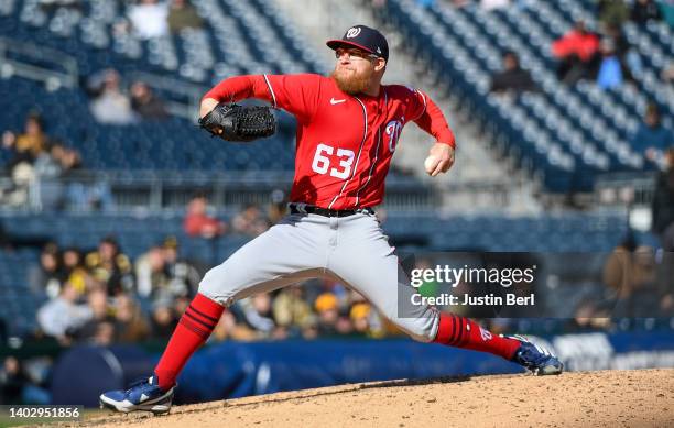 Sean Doolittle of the Washington Nationals in action during the game against the Pittsburgh Pirates at PNC Park on April 17, 2022 in Pittsburgh,...