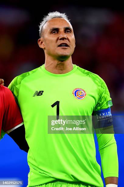 Keylor Navas of Costa Rica sings the national anthem in the 2022 FIFA World Cup Playoff match between Costa Rica and New Zealand at Ahmad Bin Ali...