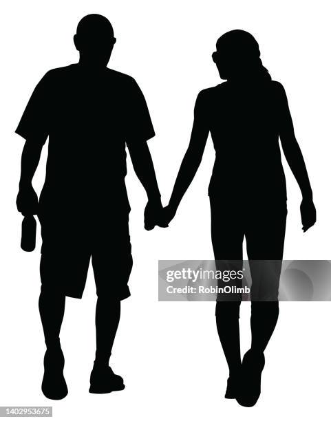 mature couple holding hands silhouette - side by side stock illustrations