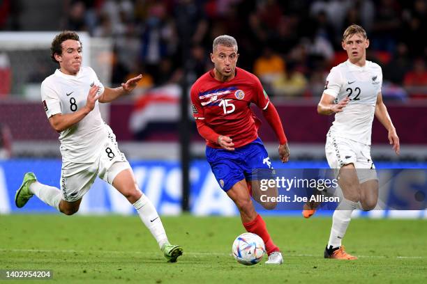 Francisco Calvo of Costa Rica chases the ball in the 2022 FIFA World Cup Playoff match between Costa Rica and New Zealand at Ahmad Bin Ali Stadium on...
