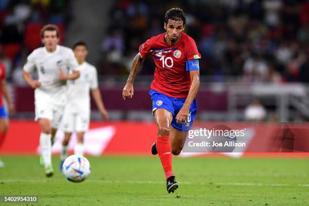 Bryan Ruiz of Costa Rica chases the ball in the 2022 FIFA World Cup Playoff match between Costa Rica and New Zealand at Ahmad Bin Ali Stadium on June...