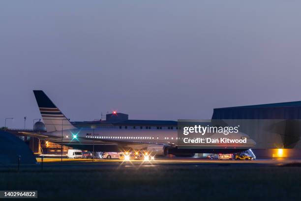 The grounded Rwanda deportation flight EC-LZO Boeing 767 at Boscombe Down Air Base, on June 14, 2022 in Boscombe Down near Amesbury, Wiltshire,...