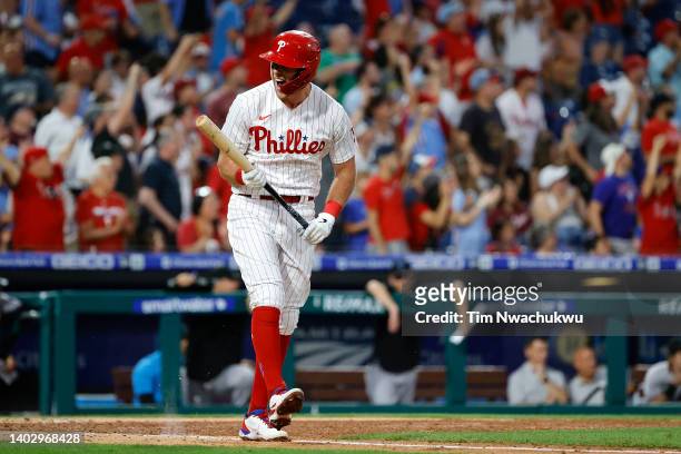 Rhys Hoskins of the Philadelphia Phillies celebrates after hitting a three-run home run during the fourth inning against the Miami Marlins at...