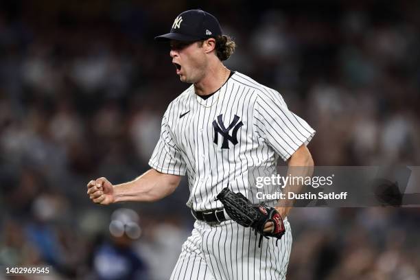 Gerrit Cole of the New York Yankees reacts after a double play to end the top of the sixth inning of the game against the Tampa Bay Rays at Yankee...