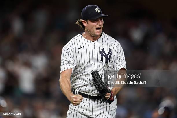 Gerrit Cole of the New York Yankees reacts after a double play to end the top of the sixth inning of the game against the Tampa Bay Rays at Yankee...