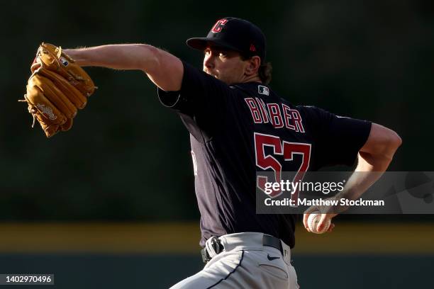 Starting pitcher Shane Bieber of the Cleveland Guardians throws against the Colorado Rockies in the first inning at Coors Field on June 14, 2022 in...