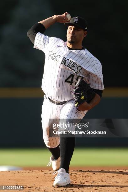 Starting pitcher Antonio Senzatela of the Colorado Rockies throws against the Cleveland Guardians in the first inning at Coors Field on June 14, 2022...