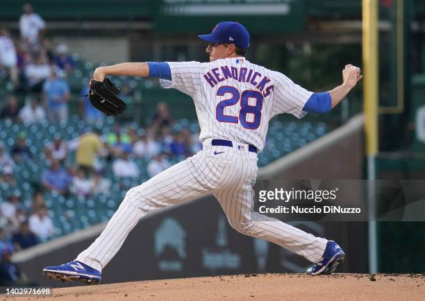 Kyle Hendricks of the Chicago Cubs throws a pitch during the first inning against the San Diego Padres at Wrigley Field on June 14, 2022 in Chicago,...