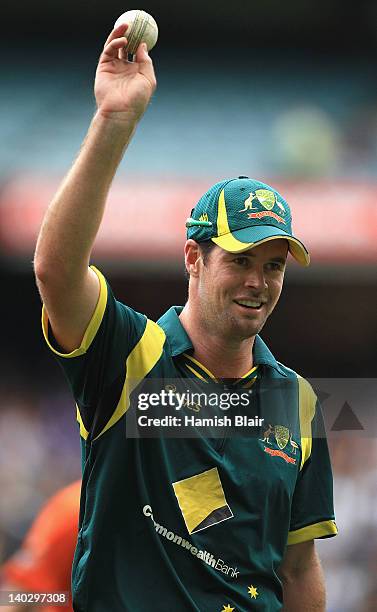 Daniel Christian of Australia acknowledges the crowd after taking five wickets including a hat trick during the One Day International match between...