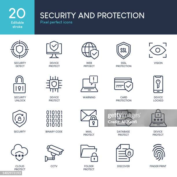 ilustraciones, imágenes clip art, dibujos animados e iconos de stock de seguridad y protección - conjunto de vectores de iconos de línea delgada - fingerprint scanner