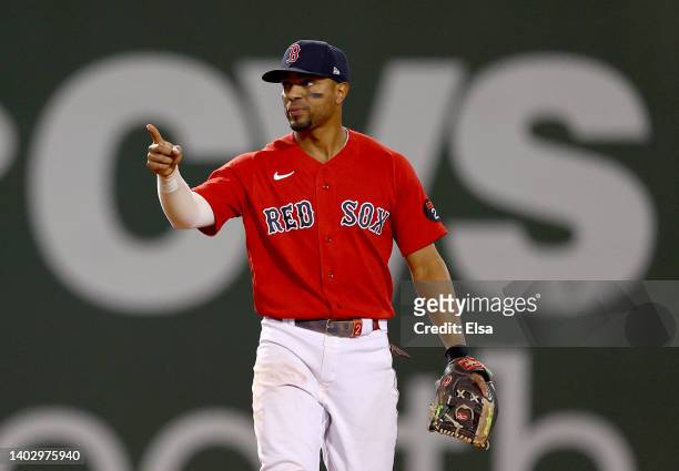 Xander Bogaerts of the Boston Red Sox celebrates the win over the Oakland Athletics at Fenway Park on June 14, 2022 in Boston, Massachusetts The...