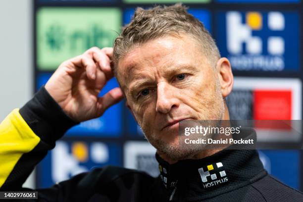 Tigers head coach Damien Hardwick speaks to the media during a Richmond Tigers AFL training session at Punt Road Oval on June 15, 2022 in Melbourne,...