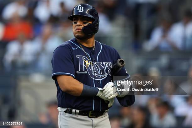 Isaac Paredes of the Tampa Bay Rays walks to the dugout after striking out during the second inning of the game against the New York Yankees at...