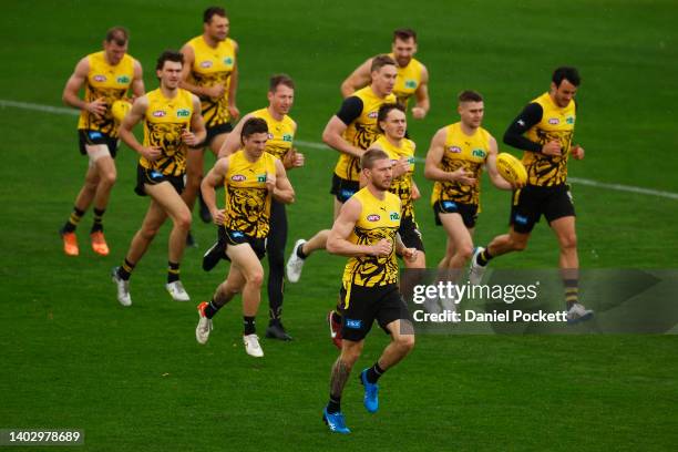 Tigers players in action during a Richmond Tigers AFL training session at Punt Road Oval on June 15, 2022 in Melbourne, Australia.