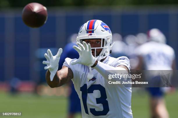 Gabriel Davis of the Buffalo Bills makes a catch during Bills mini camp on June 14, 2022 in Orchard Park, New York.